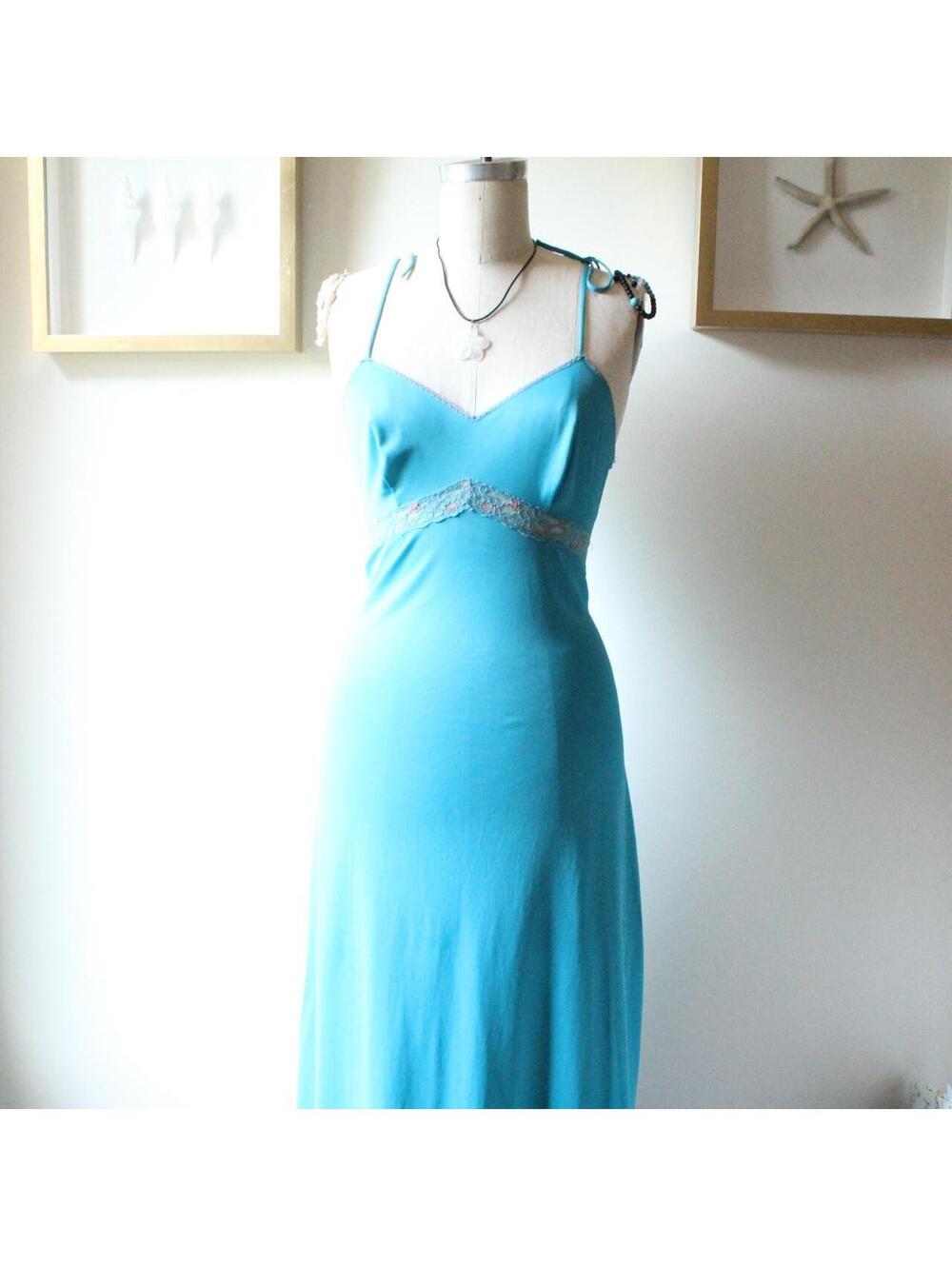 Handmade Artemis Teal Maxi Slip Dress with Lace Detailing by American Vintage